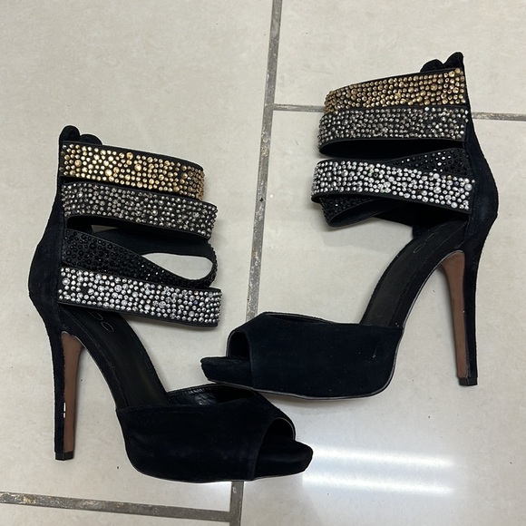 Aldo Rhinestones Black and Gold Strappy Open Toe Women's Heels | Size 6 - Picture 6 of 9